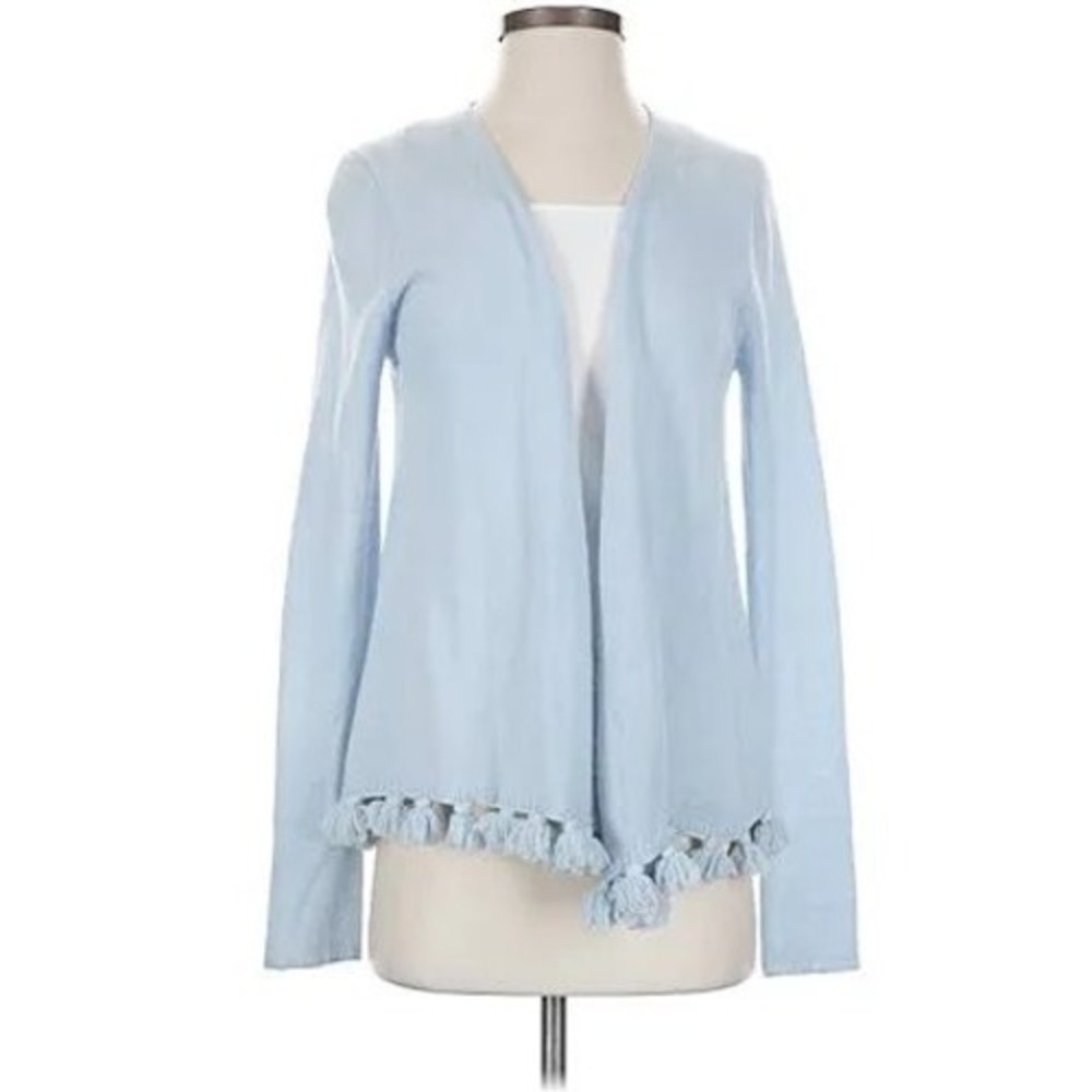 Calypso St Barth Light Blue 100% Cashmere Tassel Fringe Open Front Cardigan S
